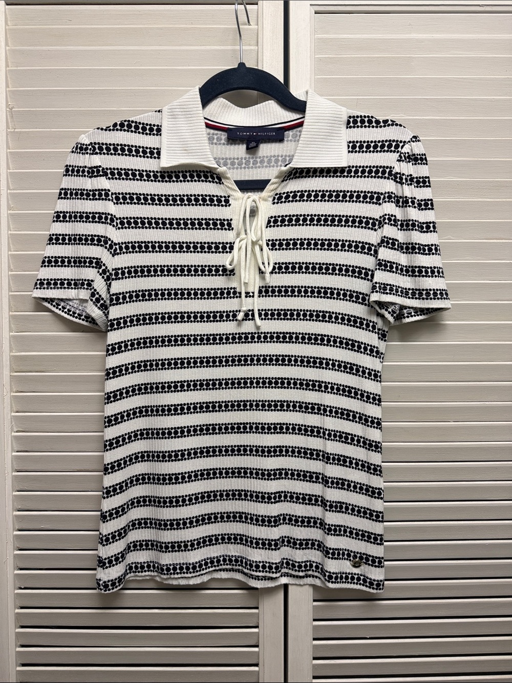 Tommy Hilfiger Black & White Striped Lace-Up Polo